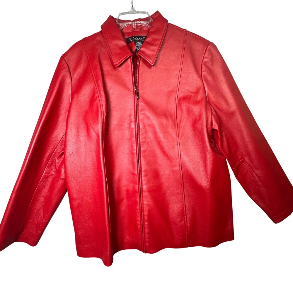 Dialogue Red Leather Jacket Zip Front Point Collar Moto Biker Chic 1X Red